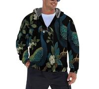 Felpa con Cappuccio da Uomo Foderata in Vello | Hoodie con Cerniera Integrale | Giacca Spessa Invernale Calda | Pullover e Cappotto Motivi Ricamati Alla Moda con Disegni Floreali E Pavoni Verdi