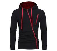 Felpa con cappuccio da uomo grigia con cappuccio, con cerniera obliqua, a maniche lunghe, elasticizzata, traspirante, con cappuccio, per autunno e inverno, alla moda, Nero , XL