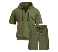 Felpa con cappuccio da uomo in cotone a maniche corte con tasche, polo con cappuccio e cerniera, vestibilità regolare, top leggero, top in tessuto traspirante per giardino, pesca, campeggio
