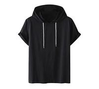 Felpa con cappuccio da uomo, in cotone, con cappuccio, tinta unita, a maniche corte, casual, con cappuccio, taglie forti, maglietta estiva, comoda, sportiva, da streetwear, taglie S-4XL, Nero , XL
