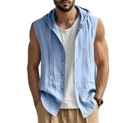 Felpa con Cappuccio da Uomo in Lino con Bottoni, Ideale per L'Estate, Perfetta per Uscire, Casual, Traspirante, Senza Maniche, con Coulisse, Ideale per la Spiaggia. (Light Blue,XXL)