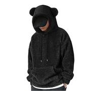 Felpa con cappuccio da uomo pelosa, casual, tinta unita, in pile corallo, con orecchie da orso, a maniche lunghe, con coulisse e tasca a marsupio, unisex, vestibilità larga, elegante maglione termico