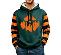 Felpa con cappuccio da uomo per Halloween con faccia di zucca e maniche a | Grafica arancione audace sul petto con strisce nere sulle maniche, mostrata nei colori nero, verde acqua, grigio