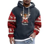 Felpa con cappuccio da uomo per Natale con motivo renna e birra, patchwork, con coulisse e tasche, festiva, con cappuccio, oversize, per Natale, P blu navy, XL