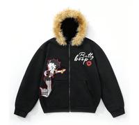 Felpa con cappuccio da uomo, stile urban americano, con colletto in pelliccia, grafica con testo in inglese e ragazza cartoni animati, dettagli in pelliccia a contrasto L,M,S,XL,XXLGrafico,LettereTess