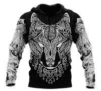 Felpa con Cappuccio da Uomo Stile Vichingo con Fenrir e Odino - Pullover a Maniche Lunghe con Stampa 3D, Tatuaggio, Zip, Look Vintage Medievale Streetwear(Fenrir Wolf,XL)