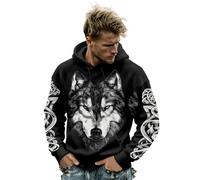 Felpa con cappuccio da uomo, stile vichingo, con stampa realistica, testa di lupo con occhi azzurri e fiocchi celtici, taglie forti, con tasca a canguro per Halloween, feste, sport, casual