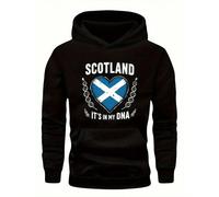 Felpa con cappuccio da uomo taglia comoda, con slogan "La Scozia è il mio DNA". Motivi con totem lupo, nodi e plaid. Adatta per tutto l'anno, calda e comoda. Abbigliamento casual che celebra il patrim