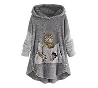 Felpa con cappuccio Donna Felpa con cappuccio con stampa gatto Accogliente Maglione in pile Caldo Grandi Taglie Inverno Giacca Teddy Casual Peluche Felpa con cappuccio Carino Pullover Lunghe Felpe