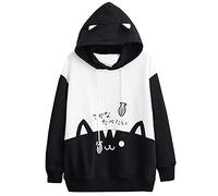 Felpa con Cappuccio Donna Giapponese da Bambina con Stampa di Gatto Mangia Il Pesce Carini Elegante Pullover Hoodie a Maniche Lunghe Sweatshirt Kawaii