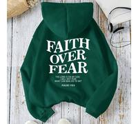 Felpa con cappuccio e cordino con stampa slogan, rivestita termicamente, "La fede supera la paura, il Signore è dalla mia parte, non temerò ciò che l'uomo può farmi" Salmi 118:6, maglie a maniche lung