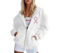 Felpa con cappuccio e felpe per il tempo libero con zip con stampa a fiocco di coscienza del cancro al seno. Perfetto per il comfort tutto l'anno. Si adatta bene ai jeans., bianco, S