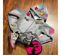 Felpa con cappuccio e tasche, con chiusura lampo, corta, con motivo a stella a cinque punte, di moda L,M,S,XL,XSRitratto,LetterePoliestere