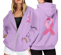 Felpa con cappuccio e zip da donna, in pile, con coulisse, tasca a maniche lunghe, per il mese della sensibilizzazione sul cancro al seno, casual, da indossare tutti i giorni. (Light Purple, M)