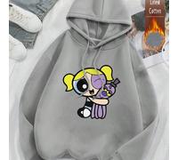 Felpa con cappuccio grigia da uomo e da donna, in stile casual, con coulisse. Stampa con protagonista le Superchicche, in co-branding con Warner Bros., con motivo pixel rosa e decorazioni a forma di c