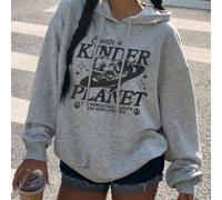 Felpa con cappuccio grigia versatile e ampia da donna con scollo tondo e vestibilità "Create a KINDER PLANET". Scritta nera abbinata a una stampa con il simbolo della Terra e della pace, impreziosita 