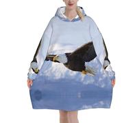 Felpa con cappuccio in flanella con stampa aquila volante, coperta oversize con cappuccio per adulti, felpa con cappuccio indossabile con tasca per adolescenti, Nero , 280g flannel
