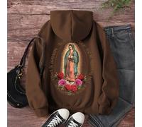Felpa con cappuccio in pile con stampa della Vergine Maria, fiori e lettere, con cordoncino, maniche lunghe, adatta per laurea, ritorno a scuola, insegnanti, pullover autunnale L,M,S,XL,XXLsloganTessu