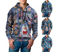 Felpa con cappuccio natalizia da uomo con Babbo Natale con collo a 1/4 con zip e cappuccio, fantasia floreale, vestibilità aderente, maglione sportivo con tasche con cerniera, simpatiche felpe con