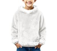 Felpa con cappuccio natalizia per ragazzi e ragazze, con finiture sfocate, in pile, per la scuola, in velluto, con tasca, per autunno inverno, peloso, Y2K, alla moda, bianco, 10-11 Years