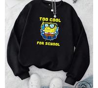 Felpa con cappuccio nera a maniche lunghe, spalle scese e vestibilità ampia per bambine. SpongeBob SquarePants indossa occhiali da sole accanto alla scritta "TOO COOL FOR SCHOOL", luminosa come fuochi