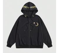 Felpa con cappuccio nera oversize con stampa gotica di foresta, coniglio, stelle, luna, farfalle e piante spinose, stile vintage gotico forestale, felpa con stampa vintage oversize da donna 1XL,2XL,3X