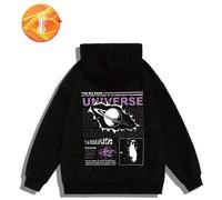 Felpa con cappuccio nera stile urban plus size per uomo, casual e cool con stampa gradiente galaxy e stampa inglese traforata 2XL,3XL,4XL,5XL,6XLHalloweenTessuto in maglia