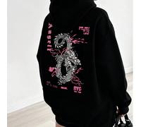 Felpa con cappuccio oversize con stampa del drago cinese, adatta per l'inverno, la laurea, il ritorno a scuola, il pullover per insegnanti in autunno 1XL,2XL,3XL,4XLAnimale,LettereTessuto in maglia