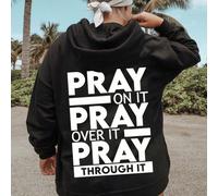 Felpa con cappuccio oversize con stampa PRAY e tasche, felpa casual con maniche lunghe e coulisse, adatta per l'autunno e l'inverno, abbigliamento donna taglie forti 0XL,1XL,2XL,3XL,4XL,5XLLettereTess