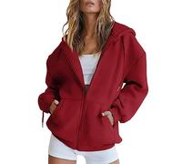 Felpa con cappuccio oversize da donna con cerniera, a maniche lunghe, casual, tinta unita, con tasche, Rosso, XL