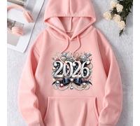 Felpa con cappuccio oversize da donna con numero "2026", decorazione con perle e fiocco, motivo a fuochi d'artificio, adatta per l'autunno e l'inverno, casual e comoda 0XL,1XL,2XL,3XL,4XLTessuto in ma