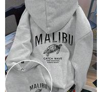 Felpa con cappuccio oversize da donna con stampa a lettere "MALIBU" e tartaruga marina, nastro da tirare, record 0XL,1XL,2XL,3XL,4XLLettereTessuto in maglia