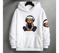 Felpa con cappuccio oversize da uomo con ricamo dell'orso sulla tasca, in morbido pile, con grafica ricamata, maniche lunghe, colore bianco, adatta come regalo per amici, marito, fidanzato, per l'autu