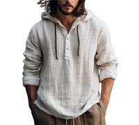 Felpa con cappuccio oversize da uomo in cotone e canapa con colletto con bottoni, pullover con cappuccio leggero e sciolto, camicie casual in tinta unita, traspirante, estive, da spiaggia, tinta unita