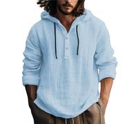 Felpa con cappuccio oversize da uomo in cotone e canapa con colletto con bottoni, pullover con cappuccio leggero e sciolto, camicie casual in tinta unita, traspirante, estive, da spiaggia, tinta unita