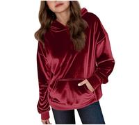Felpa con cappuccio oversize in velluto con tasca, morbida e calda, per bambini, alla moda, casual, autunno inverno, Rosso, 14-15 Years