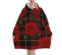 Felpa con cappuccio oversize indossabile della coperta della flanella del modello del tartan della rosa per gli adulti, felpa coperta con cappuccio a maniche
