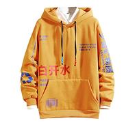 Felpa con cappuccio oversize patchwork da uomo, con stampa grafica streetwear, con tasca, coulisse, casual, design patchwork, alla moda, a maniche lunghe, per autunno e inverno, Giallo, L