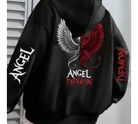 Felpa con cappuccio oversize per San Valentino con stampa di angeli e diavoli, con ali di angelo e di diavolo e grafica con testo, casual per la primavera 0XL,1XL,2XL,3XL,4XLNataleTessuto in maglia