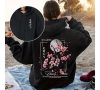 Felpa con cappuccio oversize stile giapponese con stampa di ciliegi in fiore e paesaggio notturno, un mix di stile retrò e romantici fiori di ciliegio, un capo accattivante per lo stile di strada. Ada