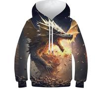 Felpa con cappuccio per bambini 3D Fire Wolf Head Pullover Ragazze Ragazzi Felpa con cappuccio Pullover Moda Gioventù Abbigliamento sportivo Casual Manica Lunga, Drago Furia II, 10-12 Years