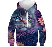 Felpa con cappuccio per bambini, stampa 3D, felpa con leone, unisex, ragazzi e ragazze, a maniche lunghe, alla moda, divertente, Cat And Flower Neon, 7-9 Jahre