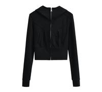 Felpa con Cappuccio Slim Autunnale da Donna con Cerniera Corta Giacca Sportiva Casual Slim a Maniche Lunghe-Nero-S