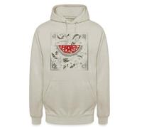 Felpa con cappuccio unisex con motivo anguria e uccello | Un design creativo con anguria, circondato da elementi floreali e un uccello, il simbolismo culturale