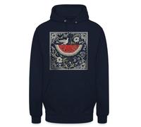 Felpa con cappuccio unisex con motivo anguria e uccello | Un design creativo con anguria, circondato da elementi floreali e un uccello, il simbolismo culturale