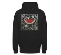 Felpa con cappuccio unisex con motivo anguria e uccello | Un design creativo con anguria, circondato da elementi floreali e un uccello, il simbolismo culturale