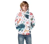 Felpa con cappuccio unisex con stampa 3D di animali marini oceanici con tasca, bianco, 11-12 Anni
