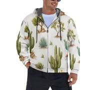 Felpa con Cappuccio Uomo Vello Foderato,Illustrazioni Piante Del Deserto Hoodie con Cerniera Integrale,Motivo Campo Cactus Cappotto con Cappuccio di Spessore,S-5XL Giacca con Cappuccios Inverno Caldo