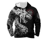Felpa con cappuccio vichingo da uomo con drago e rune - felpa con cappuccio in stile nordico con stampa 3D | felpa cupa per gli appassionati di mitologia, Stil_z01 nero, XL
