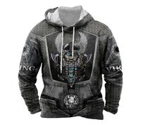Felpa con cappuccio vichingo, da uomo, mitologia nordica, retrò, alla moda, con cappuccio, a maniche lunghe, caldo, maglione invernale Hip Hop Streetwear casual, grigio., 5XL